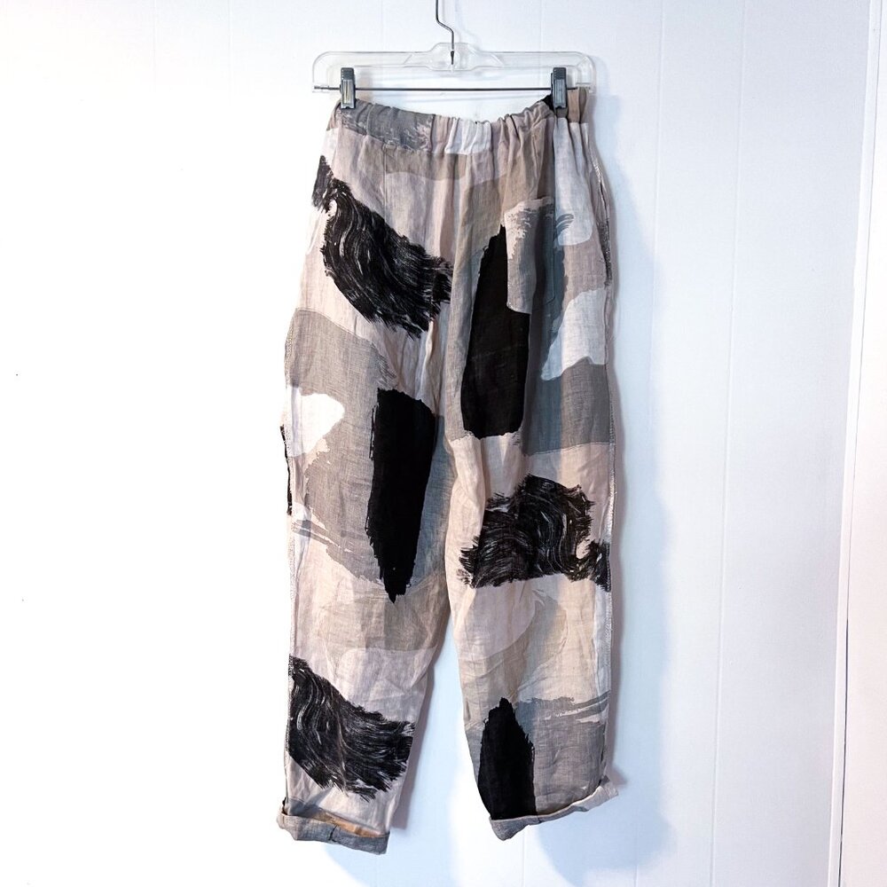 Tempo Paris Flora Silver Brush Stroke Linen Wide Leg Pull-On Pants Medium - Picture 6 of 14